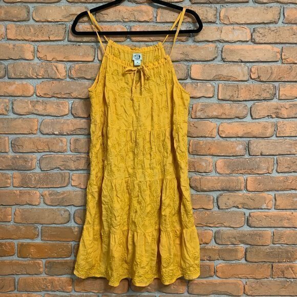 Lucky Brand Irving & Fine Floral‎ Embroidered Tiered Boho Mini Dress Yellow - M - Picture 2 of 6